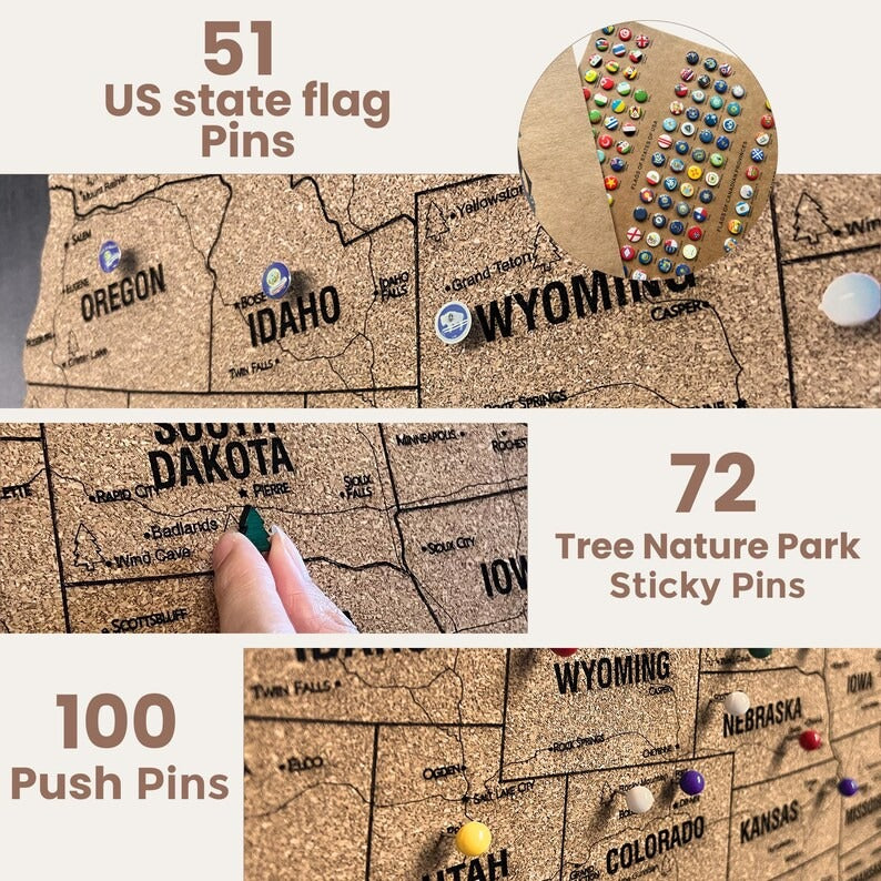Wooden Map of USA (Black Printed Board + Cork)