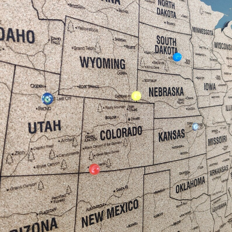 Wooden Map of USA (Black Printed Board + Cork)