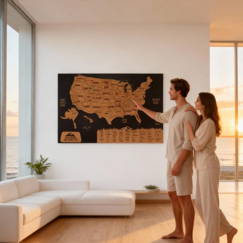 Wooden Map of USA (Black Printed Board + Cork)