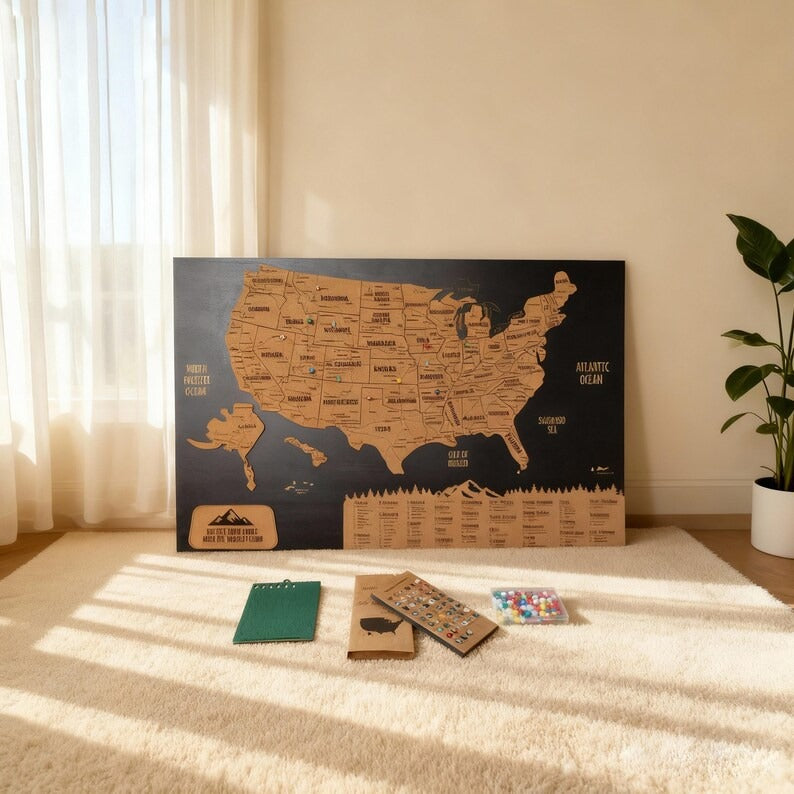 Wooden Map of USA (Black Printed Board + Cork)
