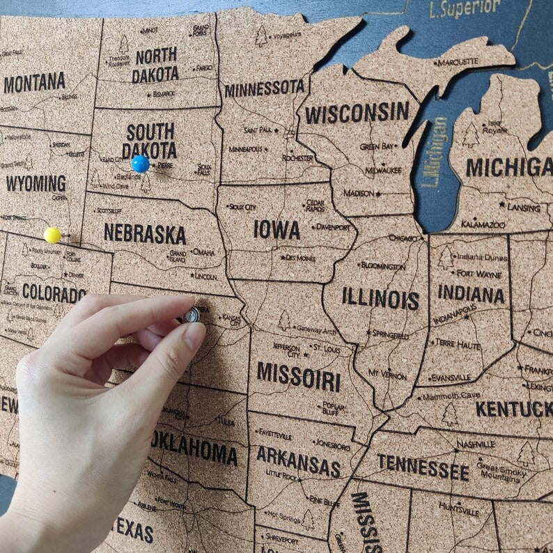 Wooden Map of USA (Black Printed Board + Cork)