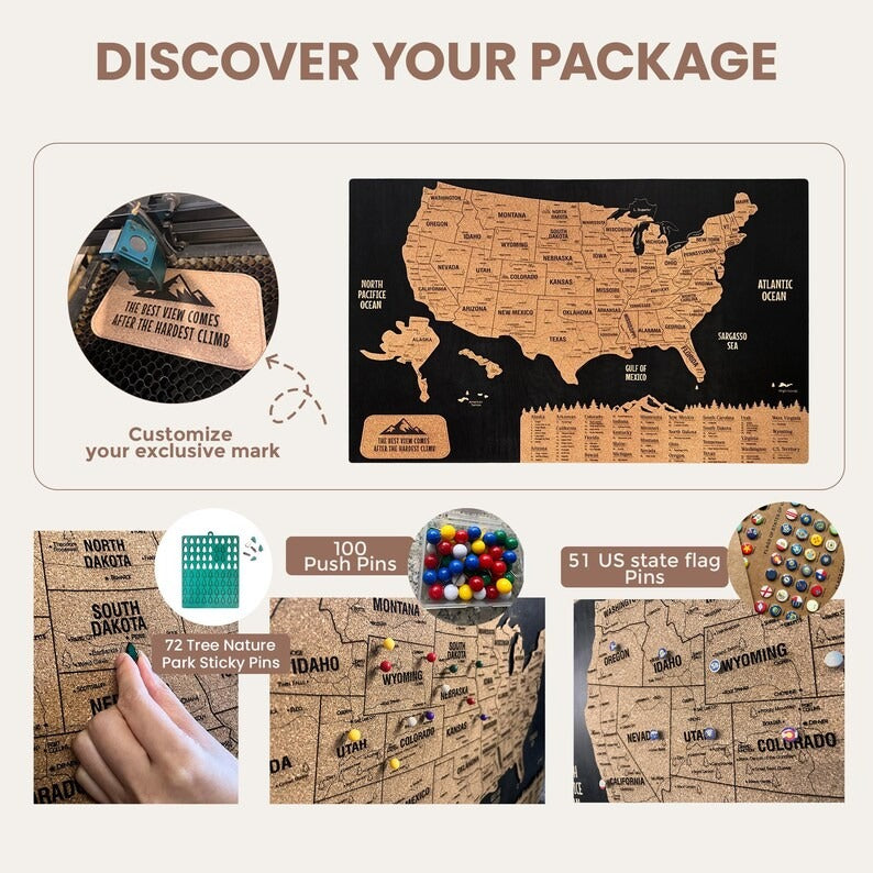 Wooden Map of USA (Black Printed Board + Cork)