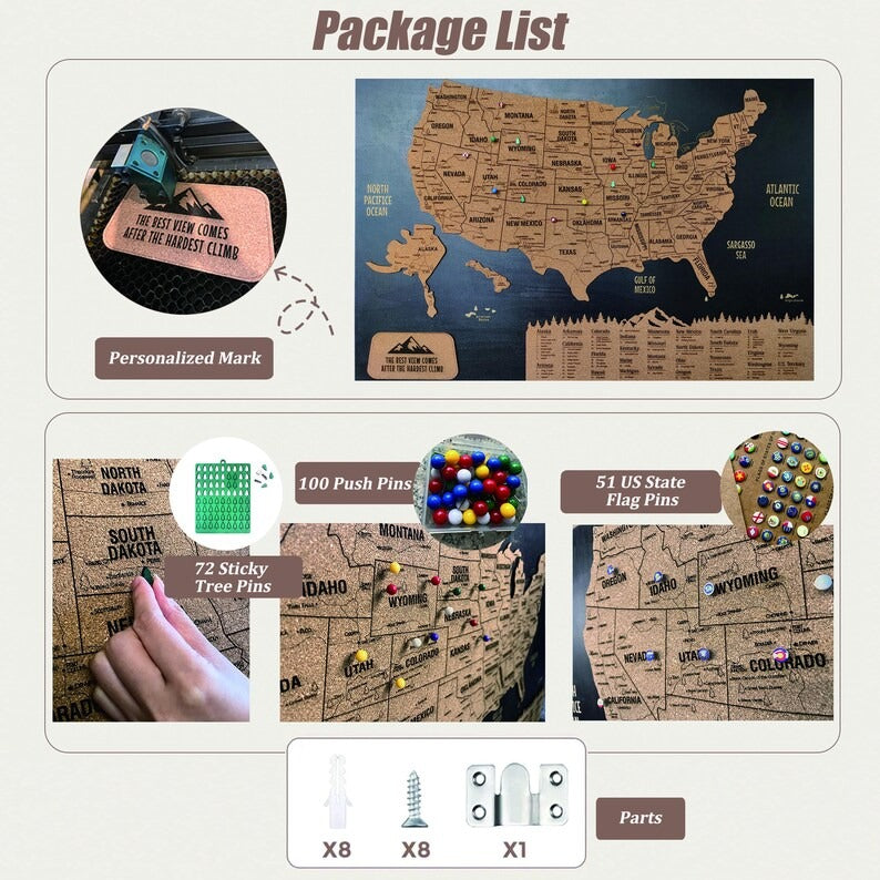 Wooden Map of USA (Black Printed Board + Cork)