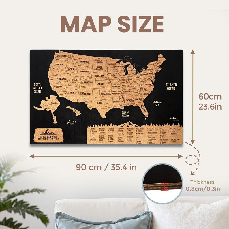 Wooden Map of USA (Black Printed Board + Cork)