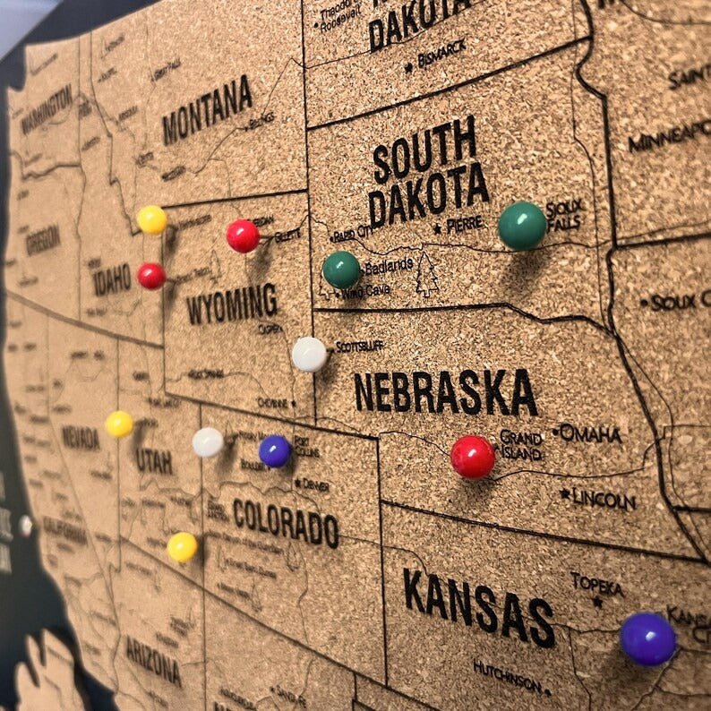 Wooden Map of USA (Black Printed Board + Cork)