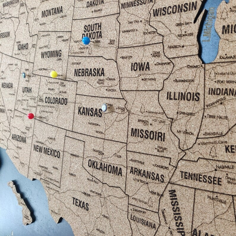 Wooden Map of USA (Black Printed Board + Cork)