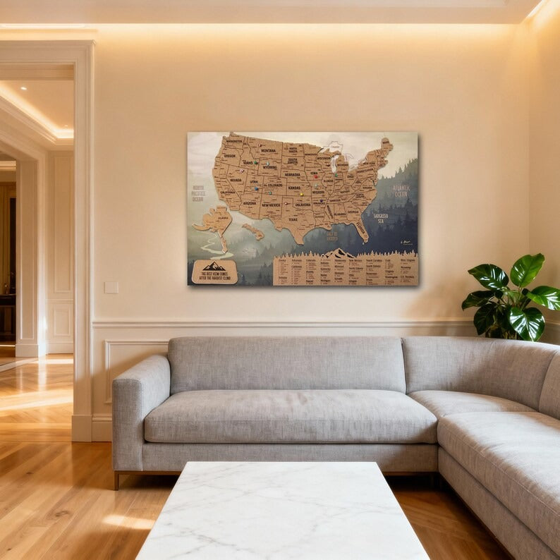 Wooden Map of USA (Mountains Printed Board + Cork)