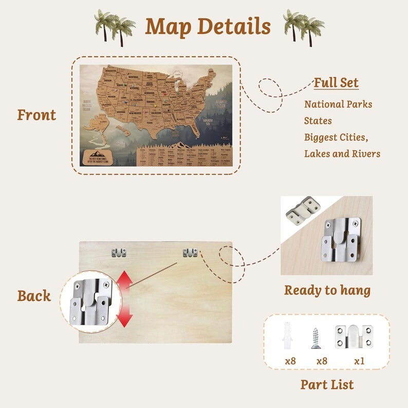 Wooden Map of USA (Mountains Printed Board + Cork)