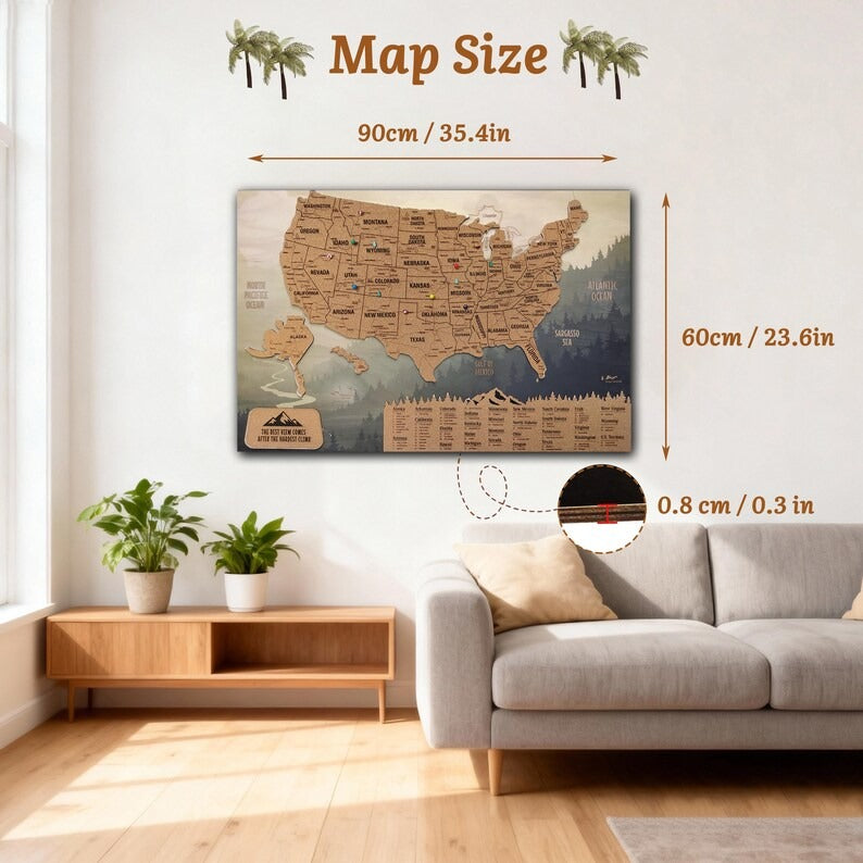 Wooden Map of USA (Mountains Printed Board + Cork)