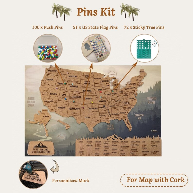 Wooden Map of USA (Mountains Printed Board + Cork)
