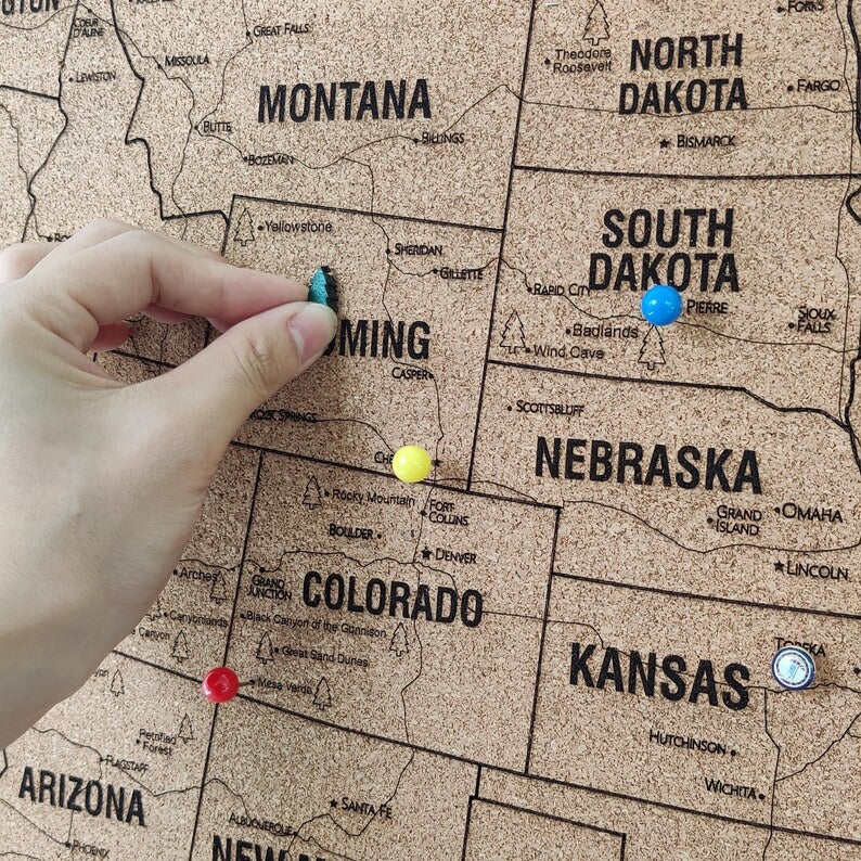 Wooden Map of USA (Mountains Printed Board + Cork)