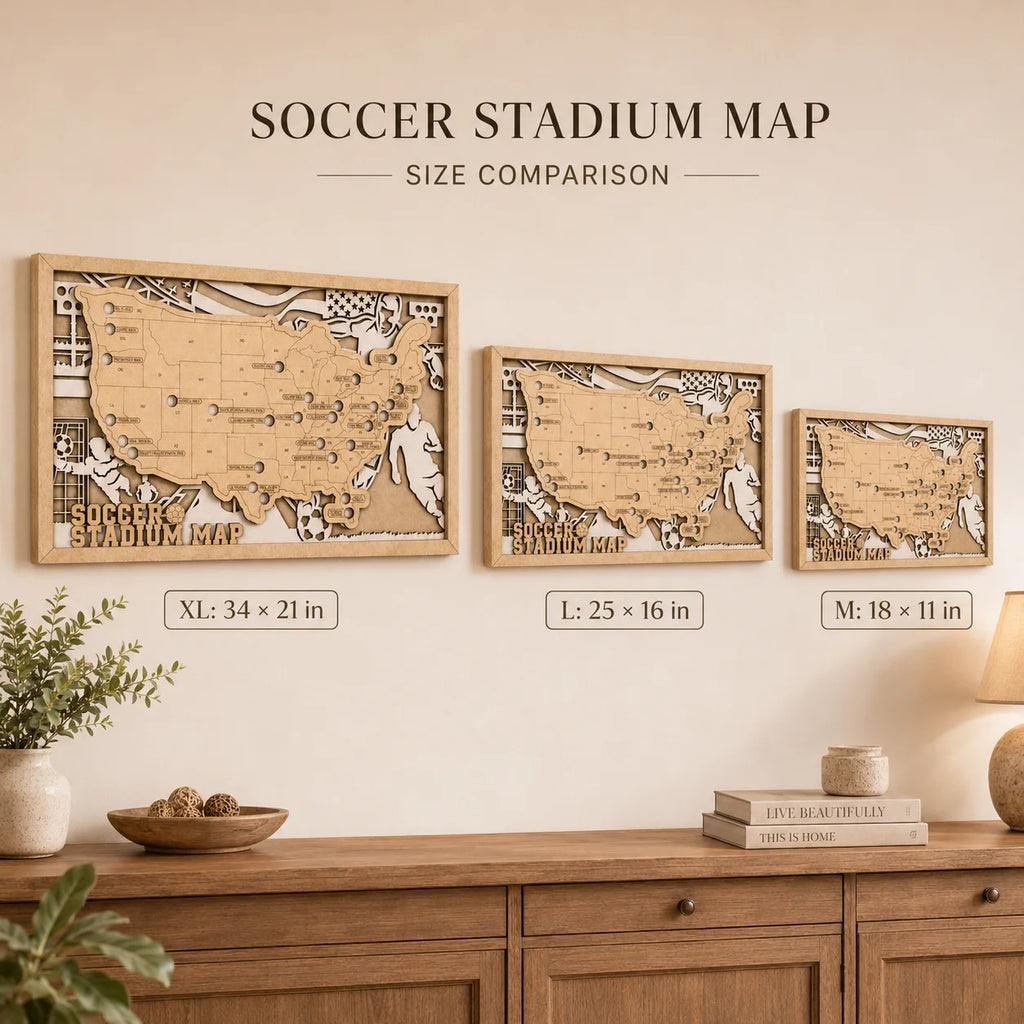Personalized Soccer Stadium Tracker Map – Natural Wood Background
