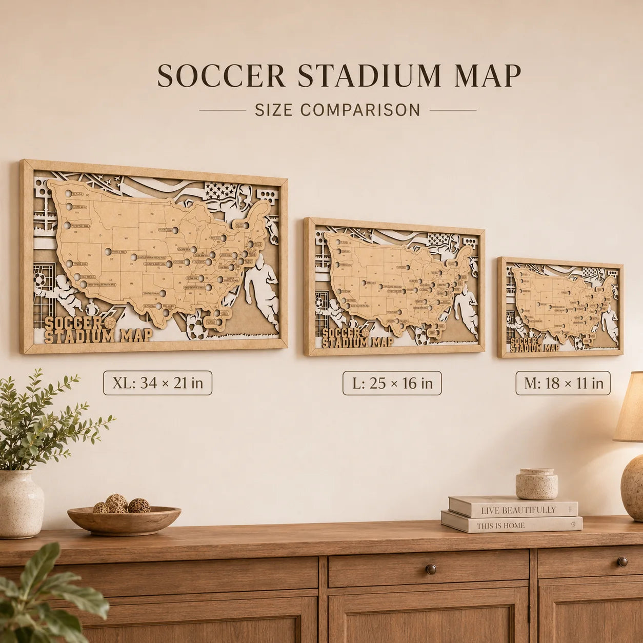 Personalized Soccer Stadium Tracker Map – Natural Wood Background