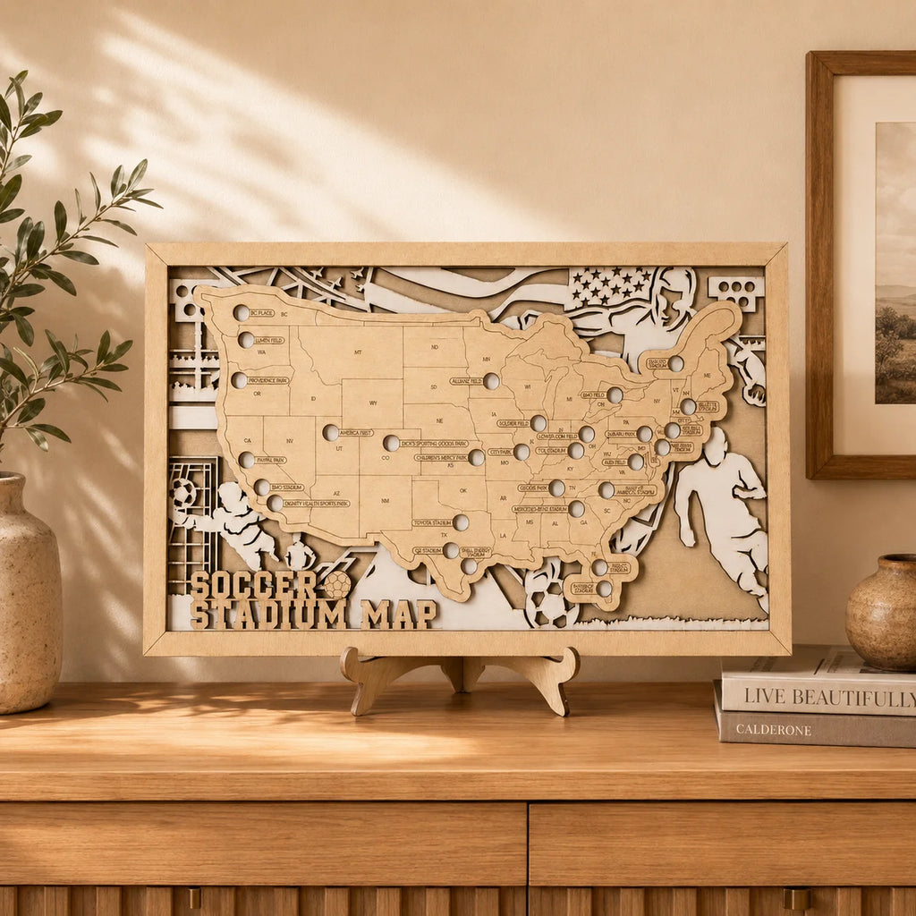 Personalized Soccer Stadium Tracker Map – Natural Wood Background