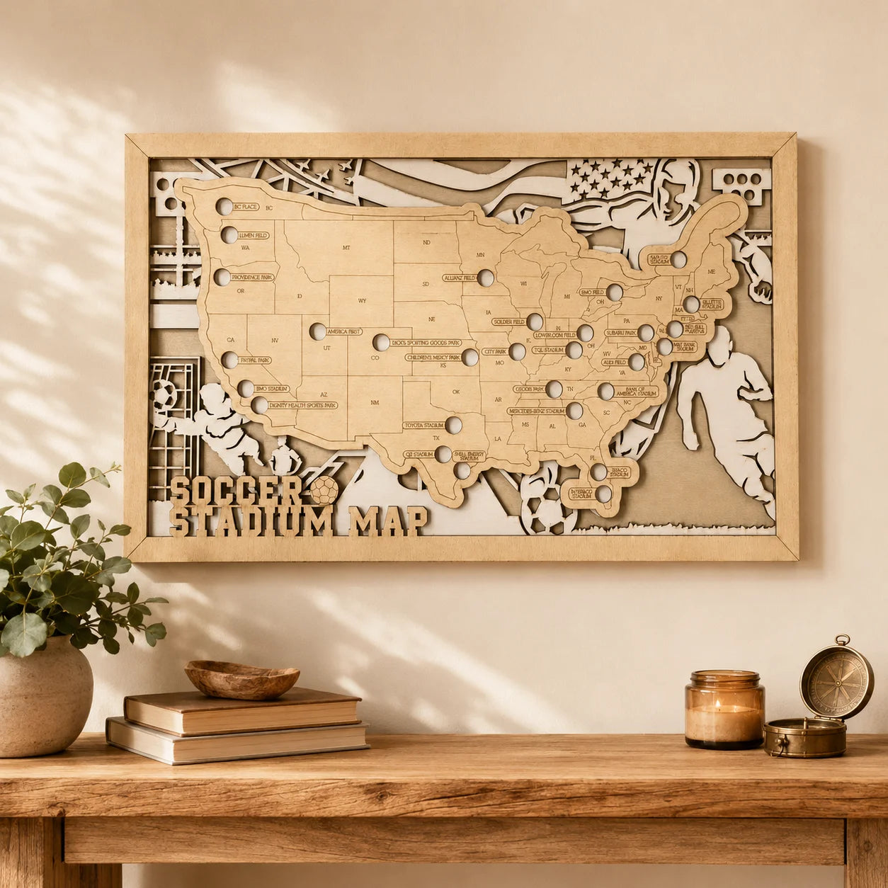 Personalized Soccer Stadium Tracker Map – Natural Wood Background