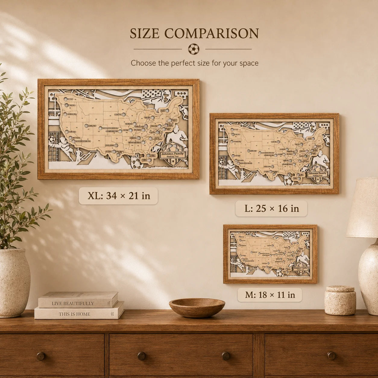 Personalized Soccer Stadium Tracker Map with Nameplate – Natural Wood Background