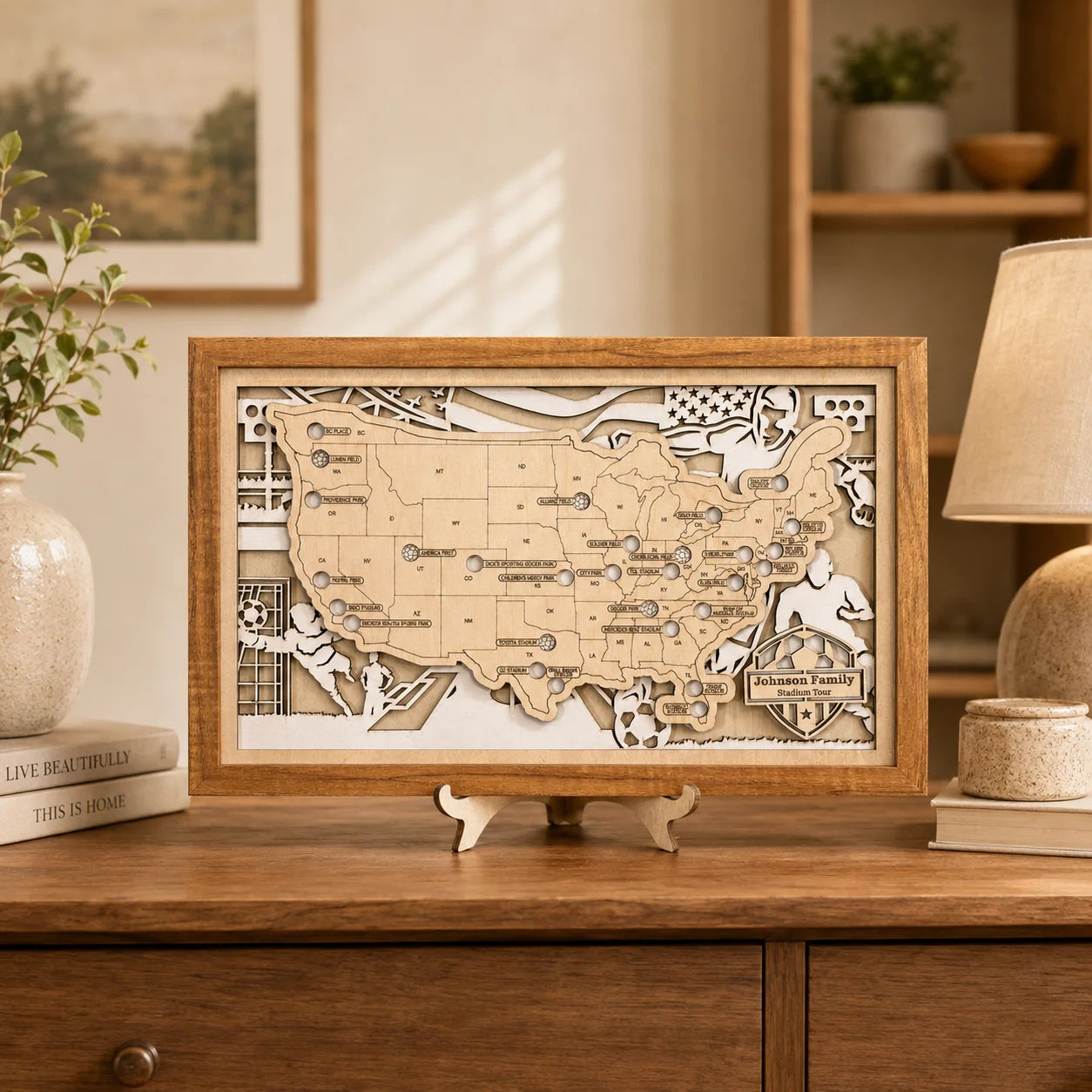 Personalized Soccer Stadium Tracker Map with Nameplate – Natural Wood Background