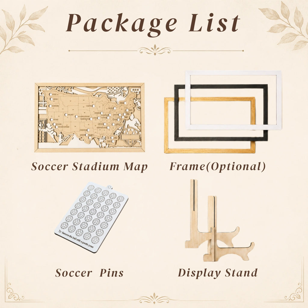 Personalized Soccer Stadium Tracker Map with Nameplate – Natural Wood Background
