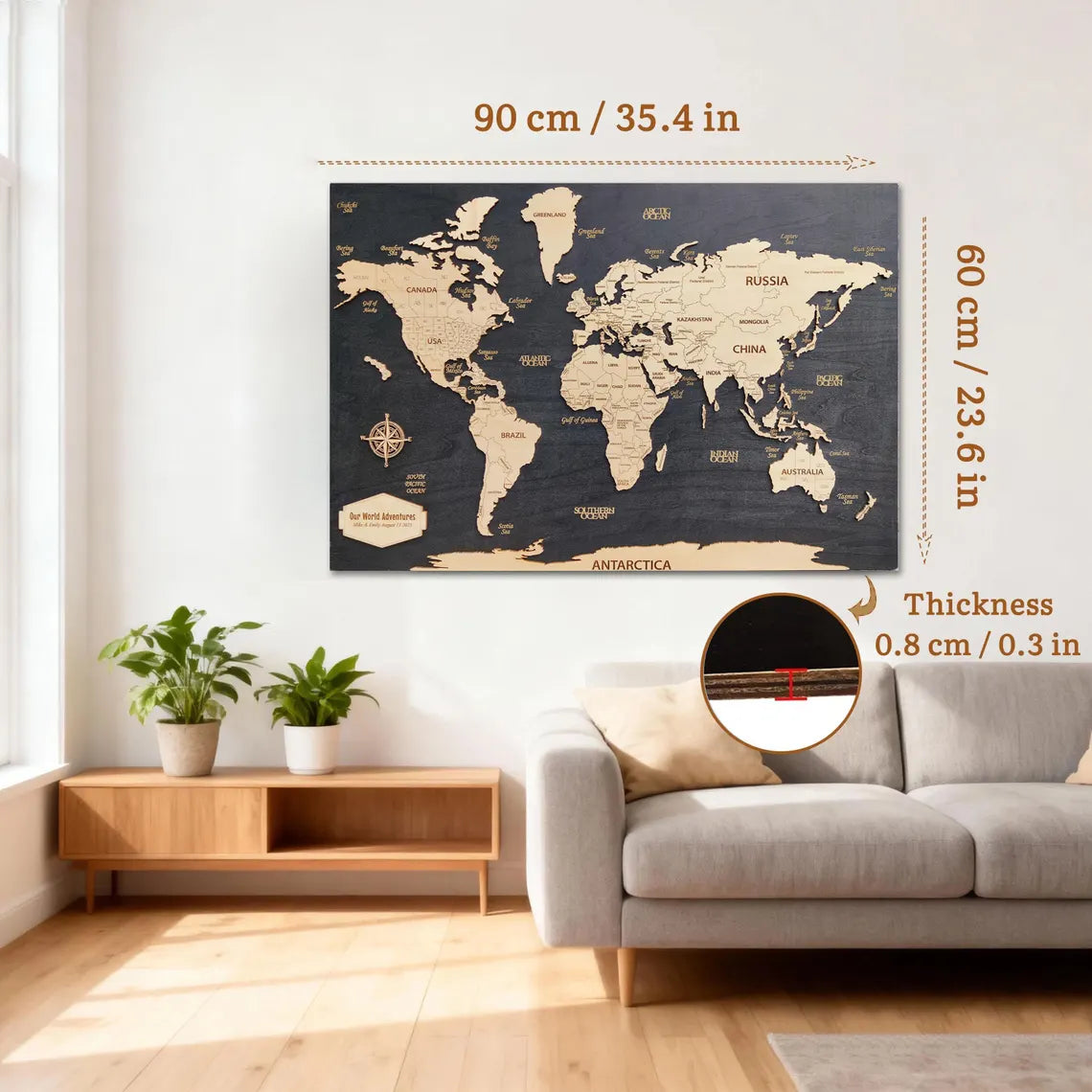 Wooden World Map Push Pin Wall Art