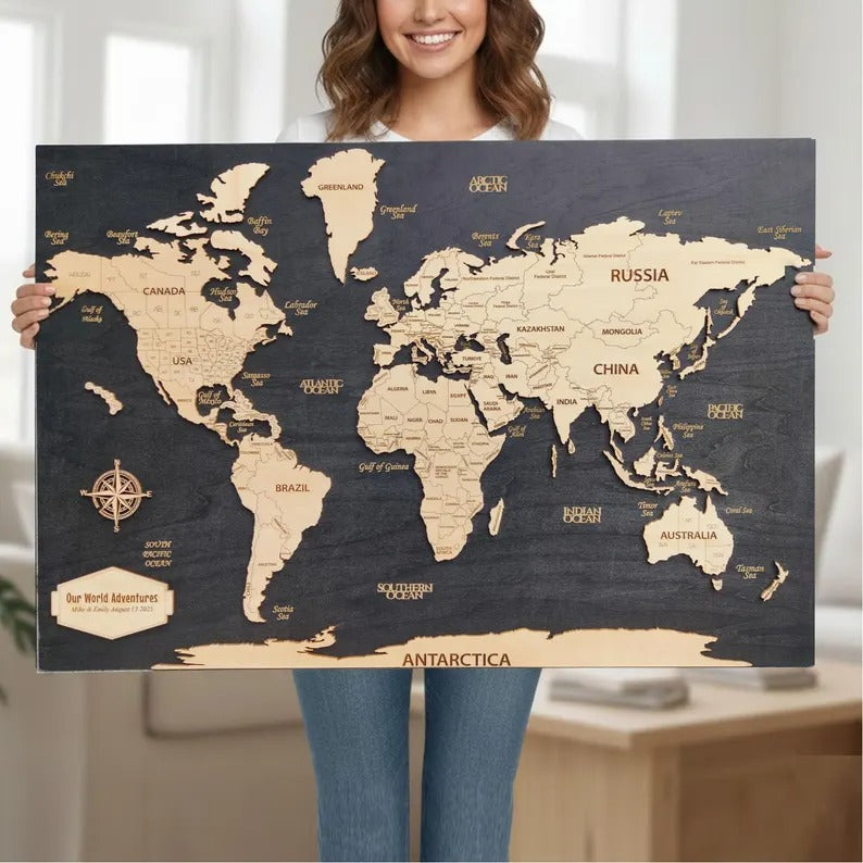 Wooden World Map (Black Printed Board + Natural Plywood)