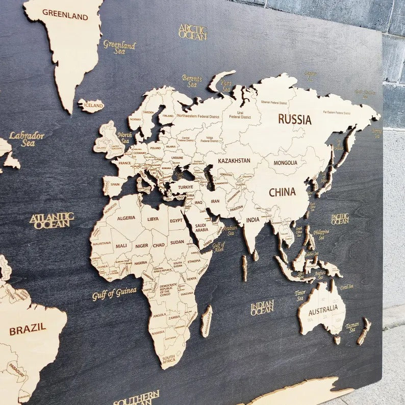 Wooden World Map (Black Printed Board + Natural Plywood)