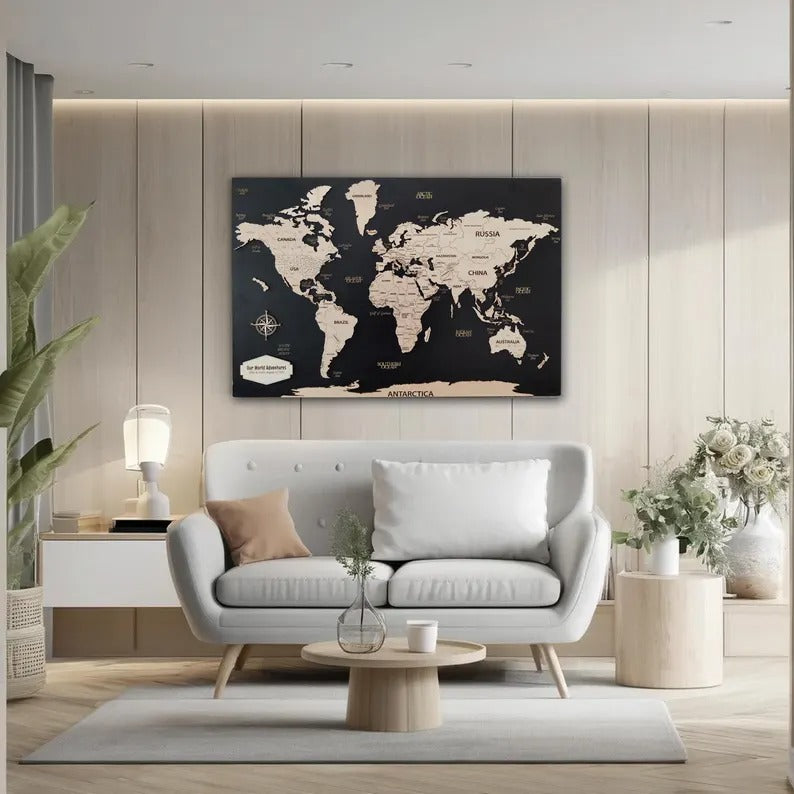 Wooden World Map (Black Printed Board + Natural Plywood)