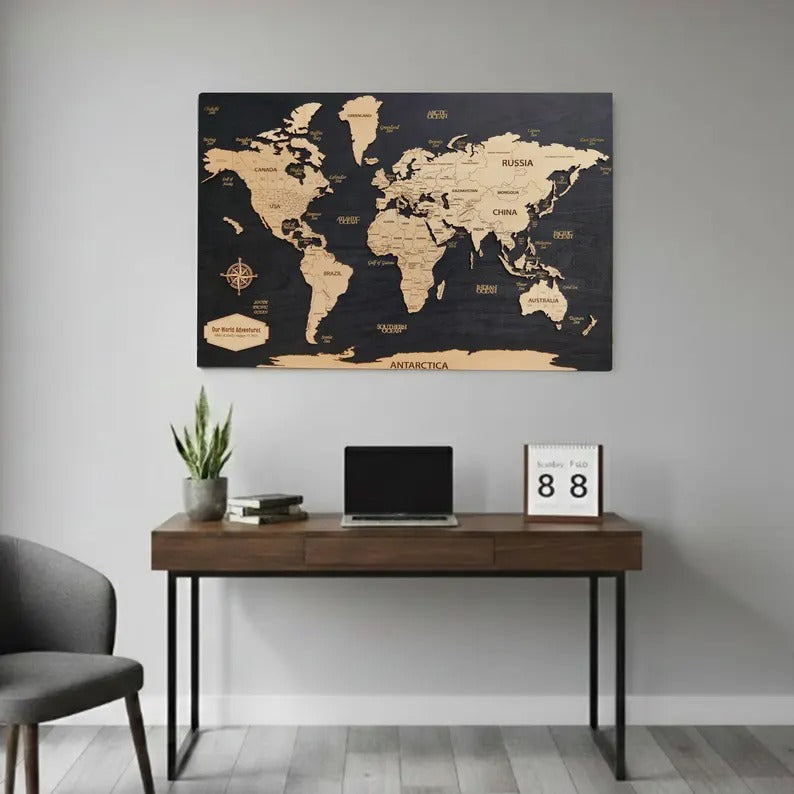Wooden World Map (Black Printed Board + Natural Plywood)