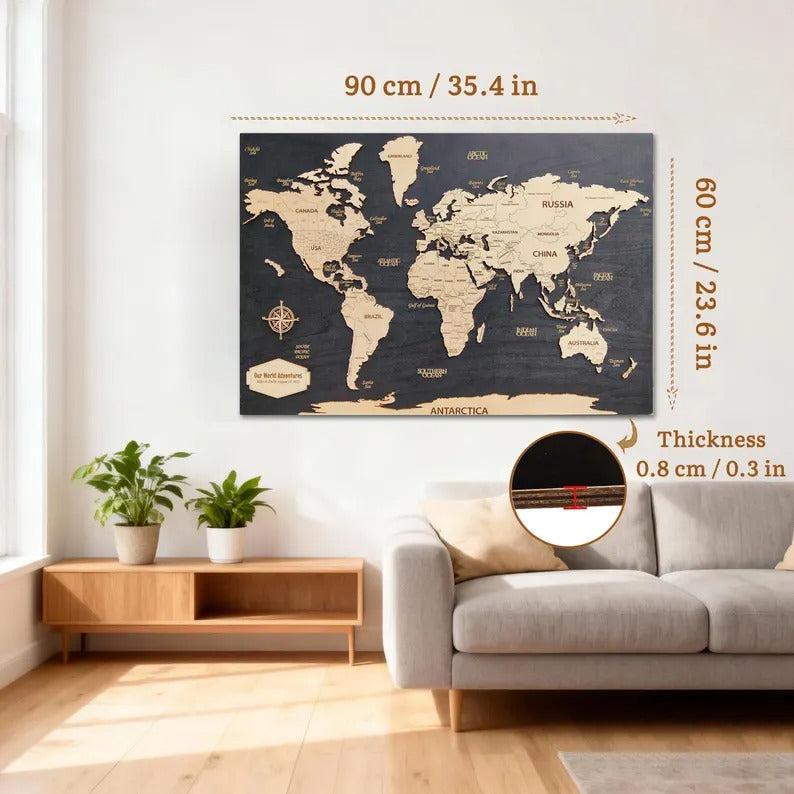 Wooden World Map (Black Printed Board + Natural Plywood)