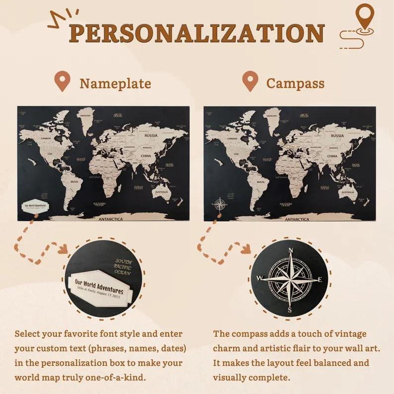 Wooden World Map (Black Printed Board + Natural Plywood)