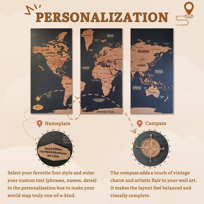 3D Wooden Triptych World Map