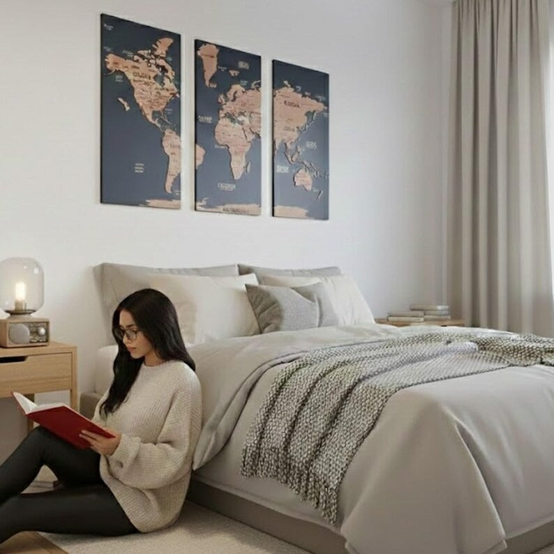3D Wooden Triptych World Map