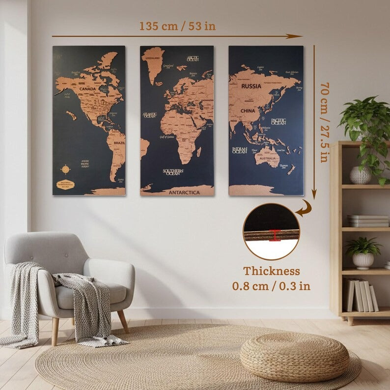 3D Wooden Triptych World Map