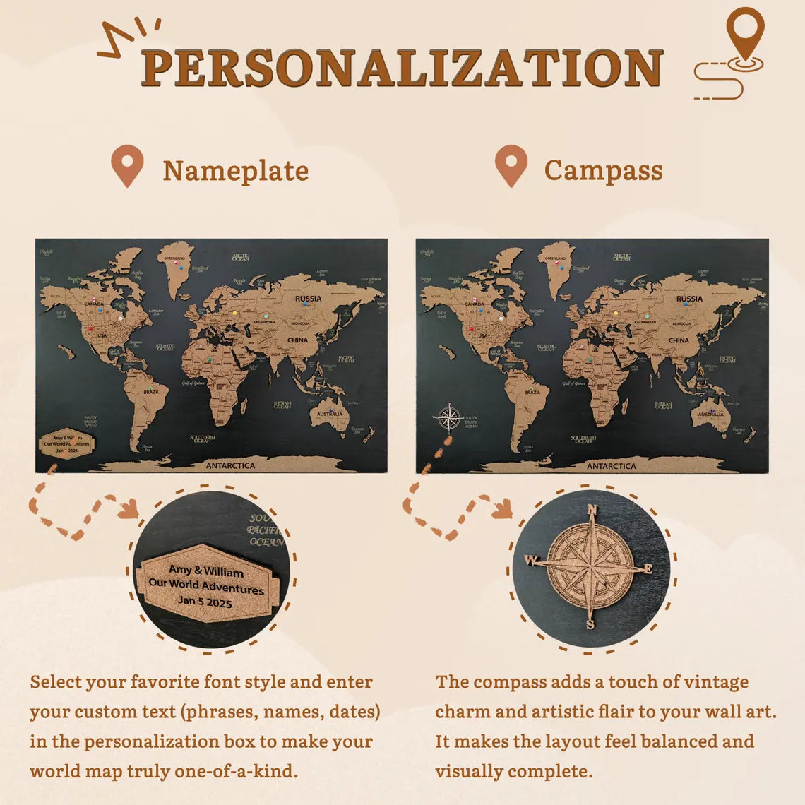 Wooden World Map Wall Art - Push Pin Map