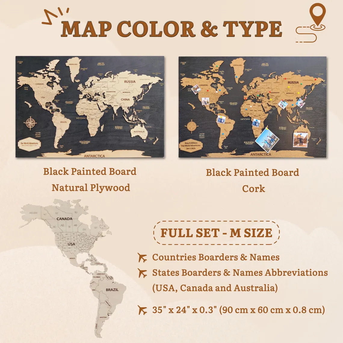 Wooden World Map Wall Art - Push Pin Map