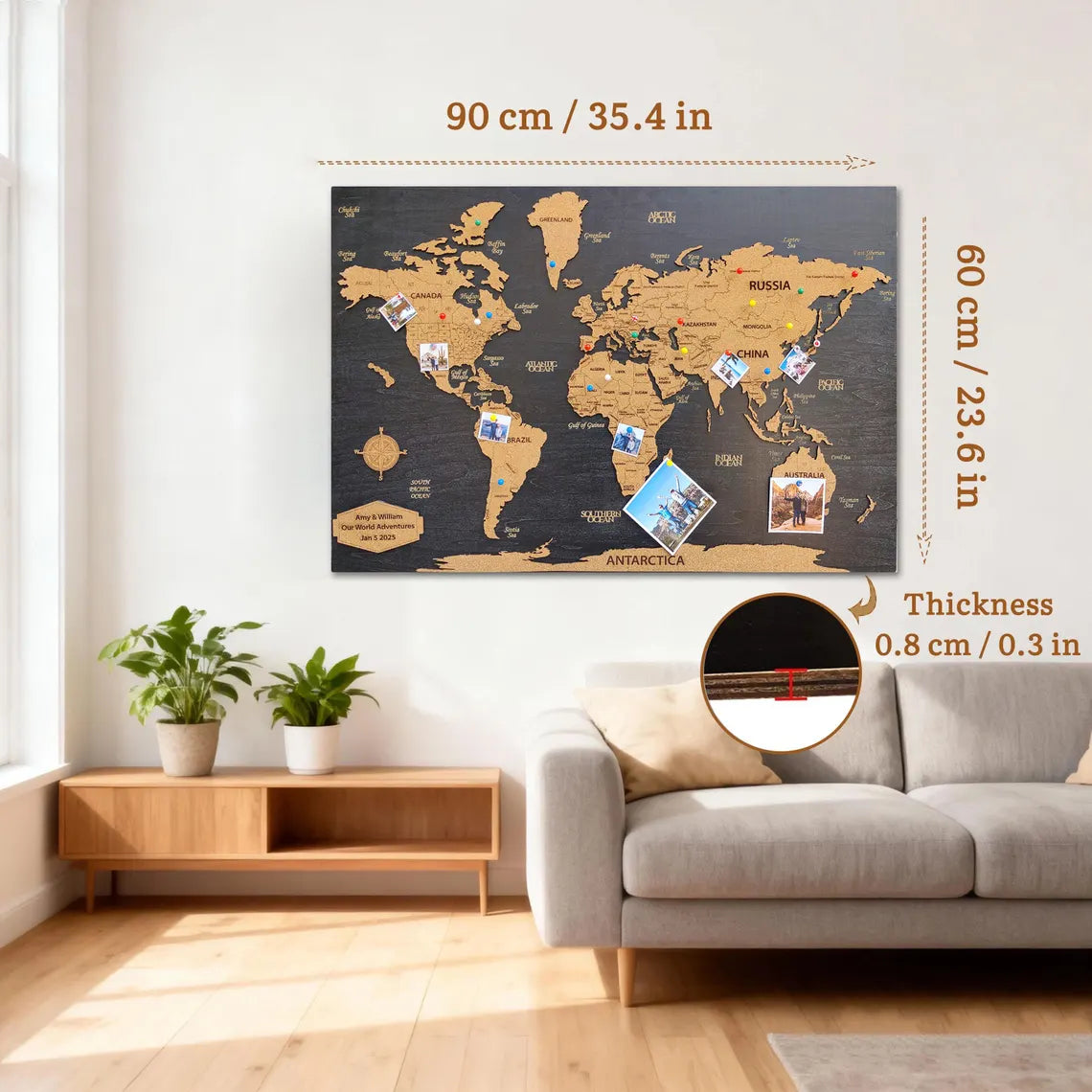 Wooden World Map Wall Art - Push Pin Map