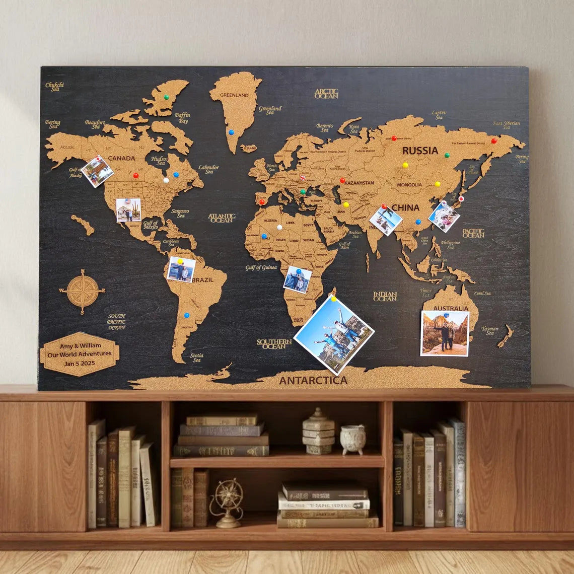 Wooden World Map Wall Art - Push Pin Map