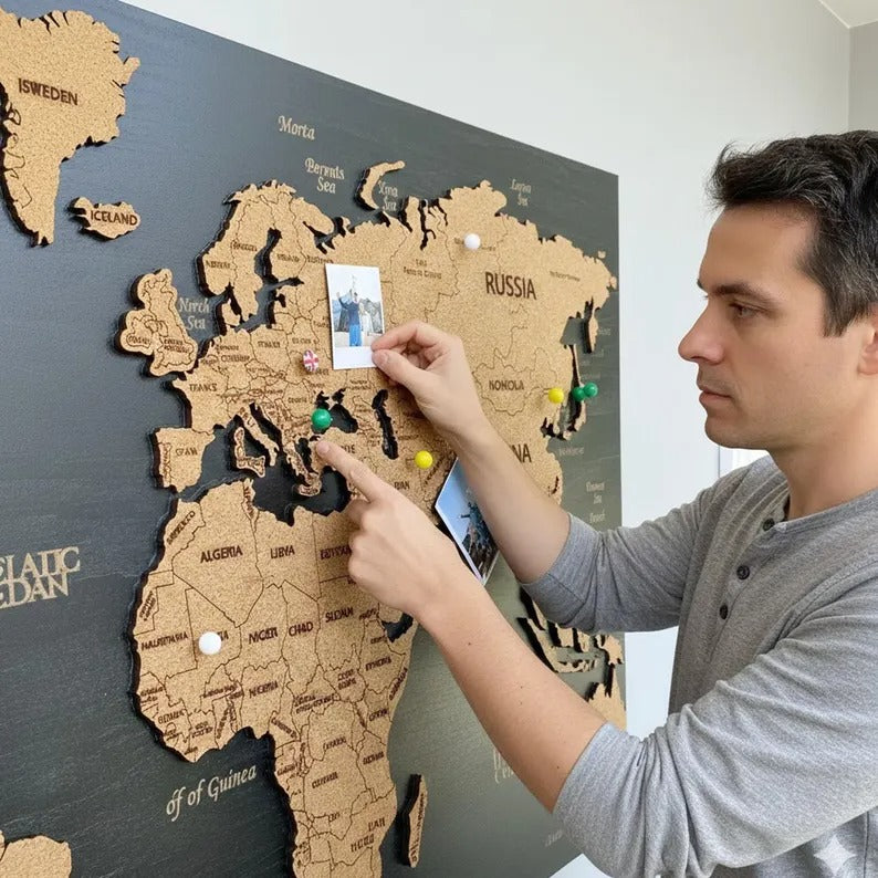 Wooden World Map (Black Printed Board + Cork)