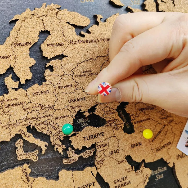 Wooden World Map (Black Printed Board + Cork)
