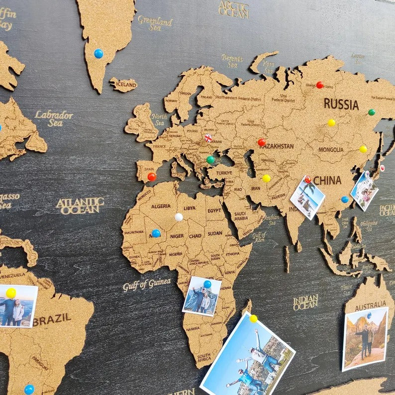 Wooden World Map (Black Printed Board + Cork)