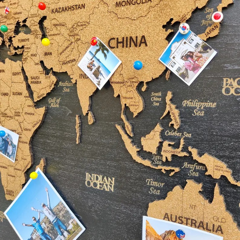 Wooden World Map (Black Printed Board + Cork)