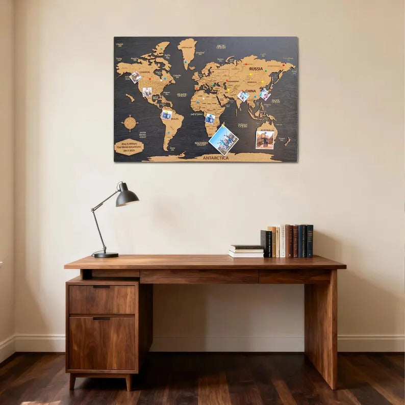 Wooden World Map (Black Printed Board + Cork)