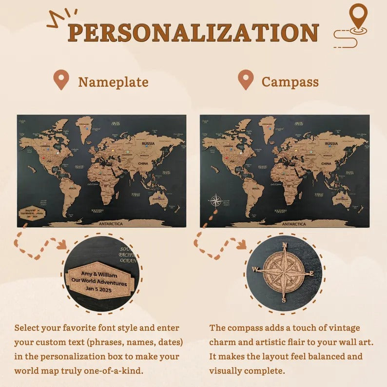 Wooden World Map (Black Printed Board + Cork)