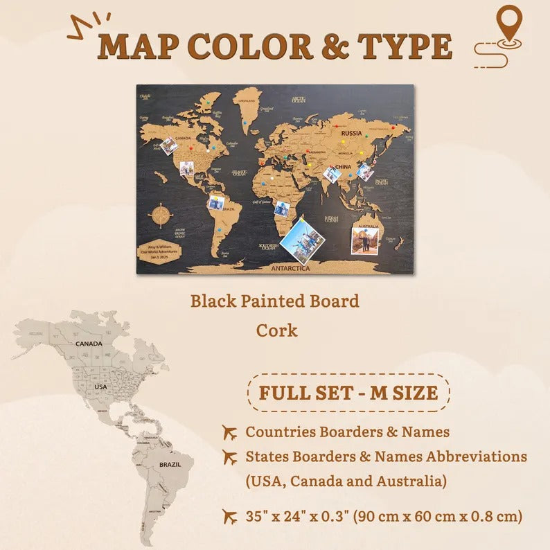 Wooden World Map (Black Printed Board + Cork)