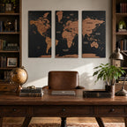 3D Wooden Triptych World Map Wall Art