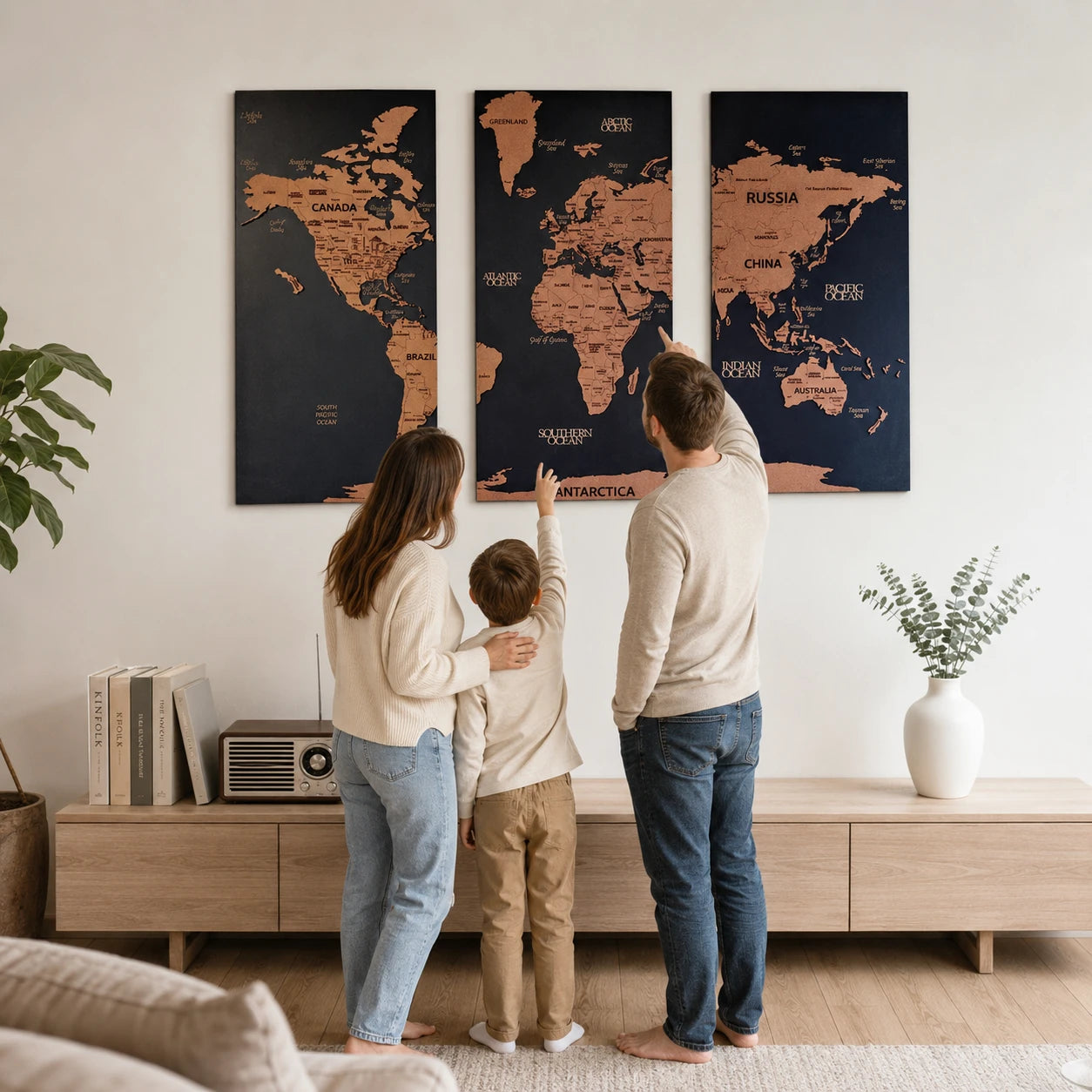 3D Wooden Triptych World Map Wall Art