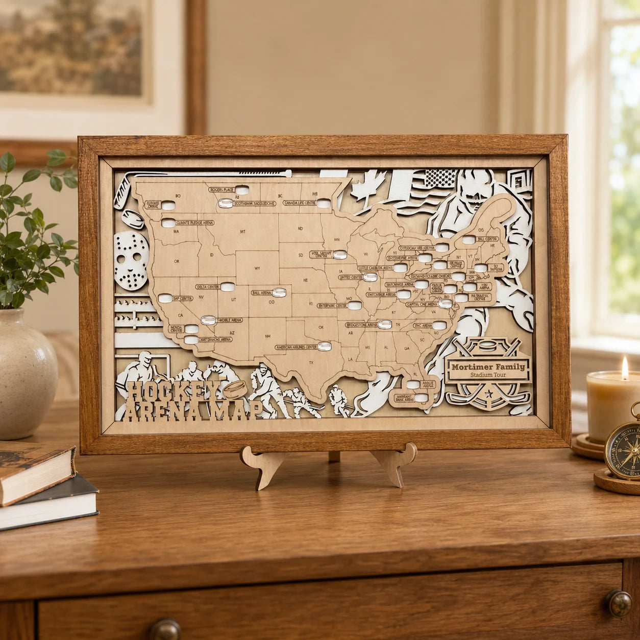 Personalized Hockey Arena Tracker Map – Natural Wood Background