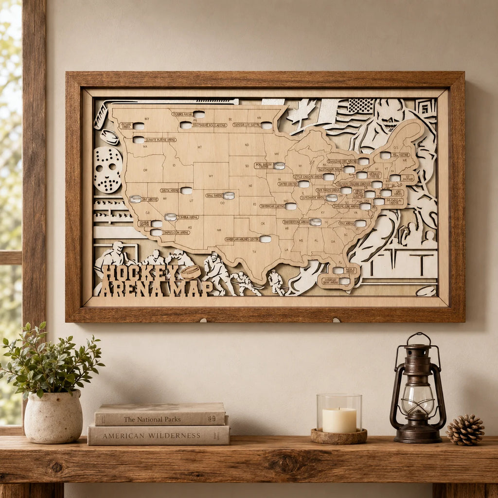 Personalized Hockey Arena Tracker Map – Natural Wood Background