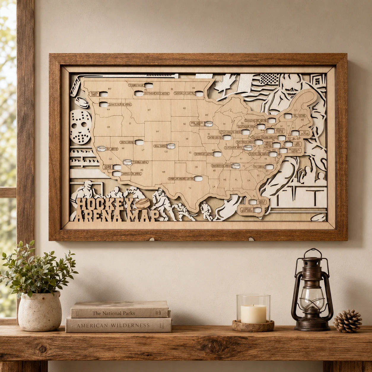 Personalized Hockey Arena Tracker Map – Natural Wood Background