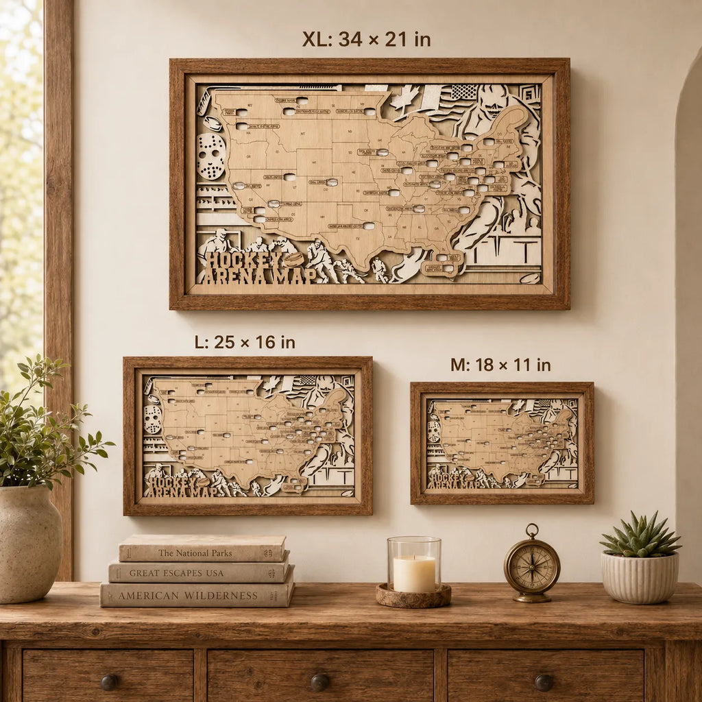 Personalized Hockey Arena Tracker Map – Natural Wood Background