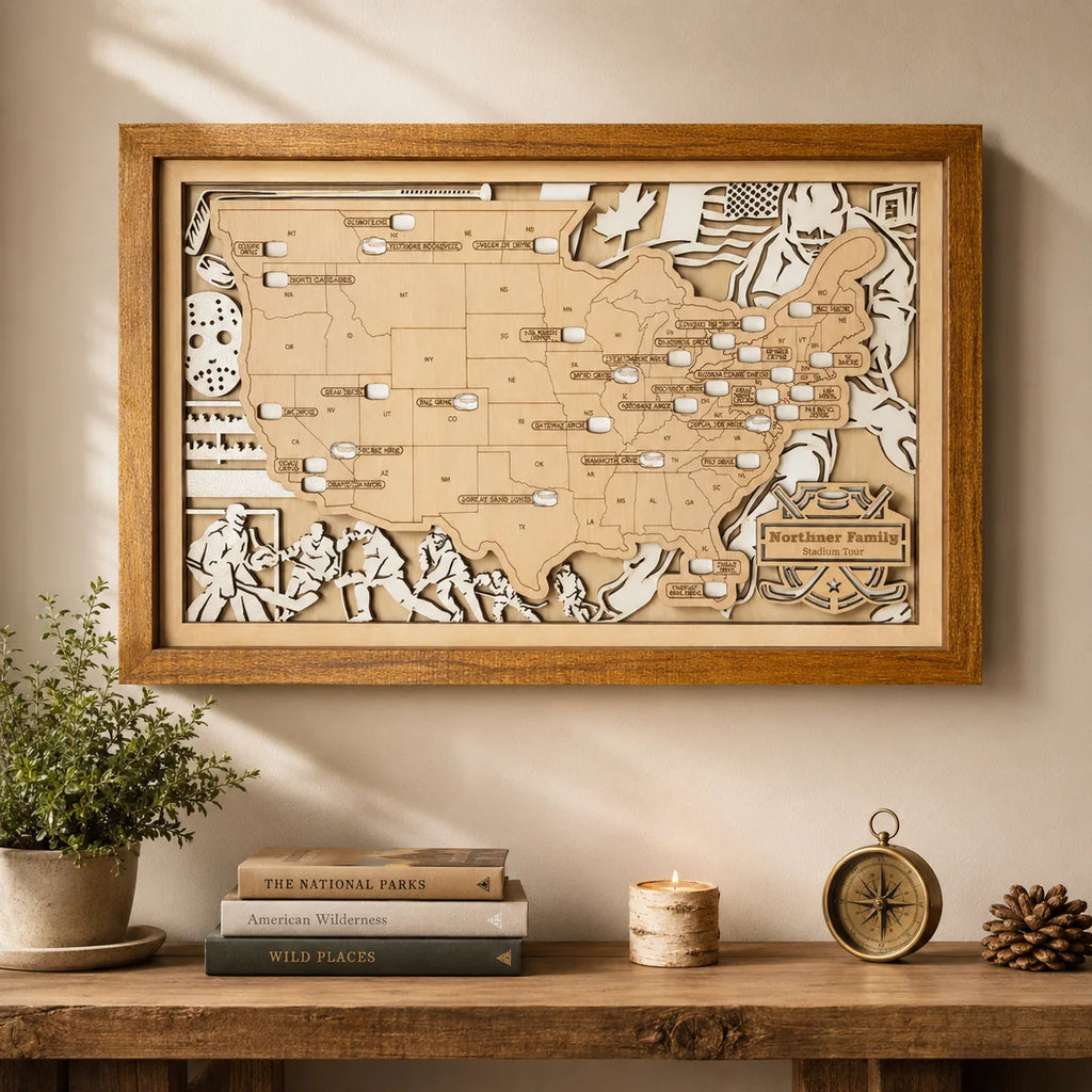 Personalized Hockey Arena Tracker Map with Nameplate – Natural Wood Background